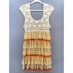 Passion Concept Boho Crochet Tiered Ruffle Mini Dress Mustard Yellow Orange L